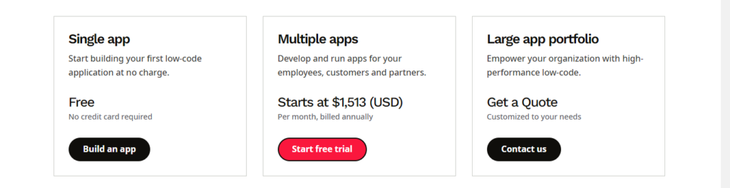 the page of the pricing models of outsystems