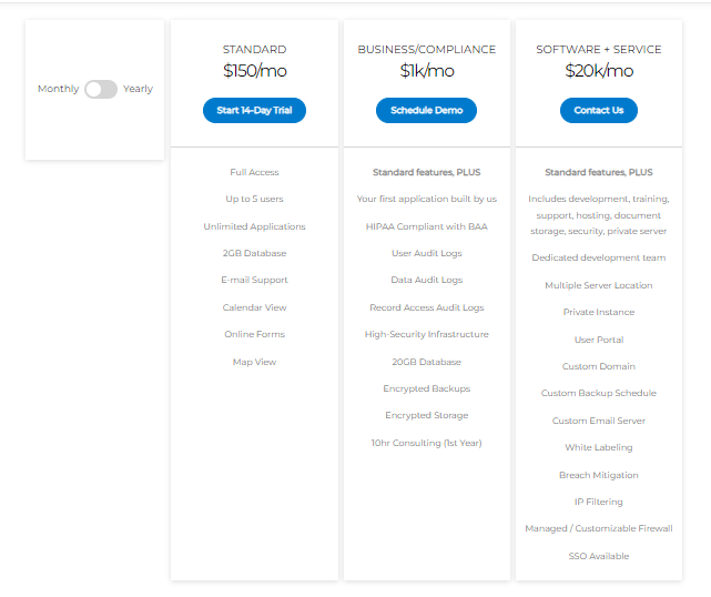 the page of pricing plans of kohezion