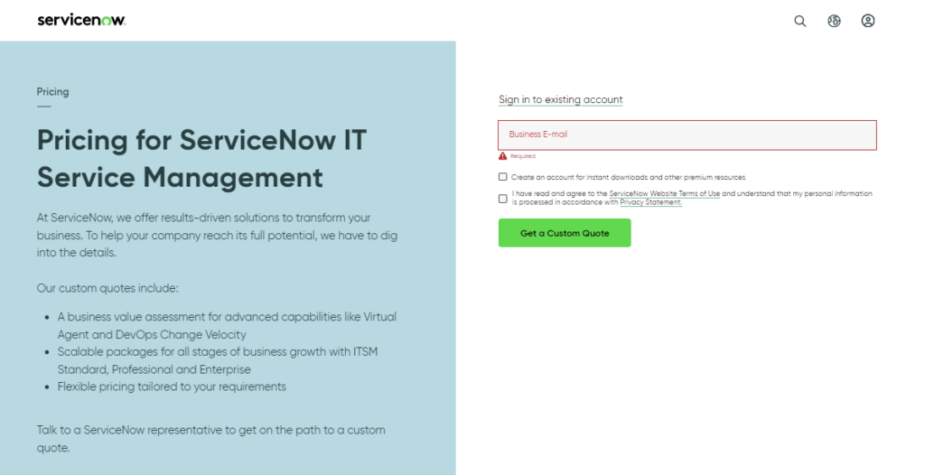 the pricing page of servicenow