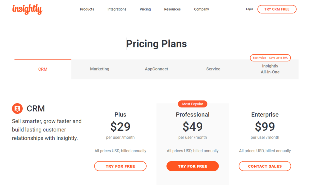 pricing plans page of insightly