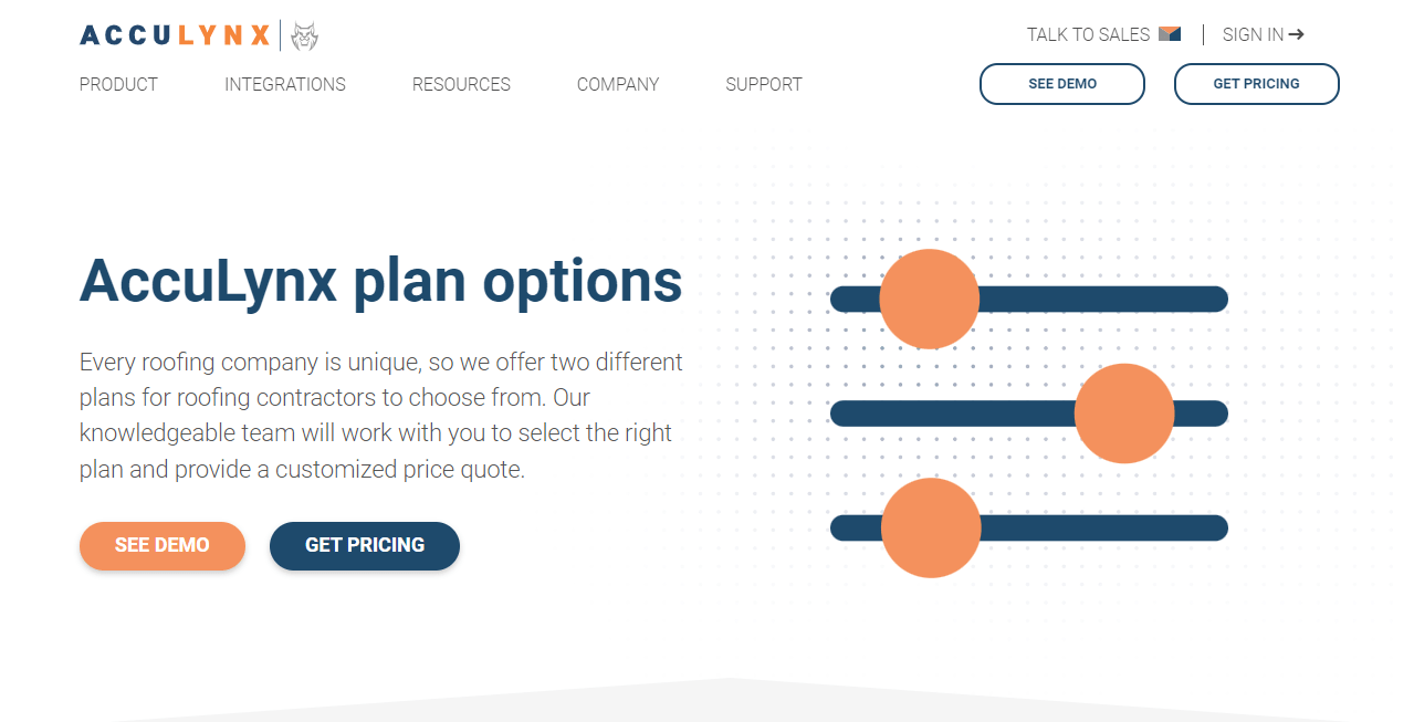 acculynx pricing page which shows custom pricing