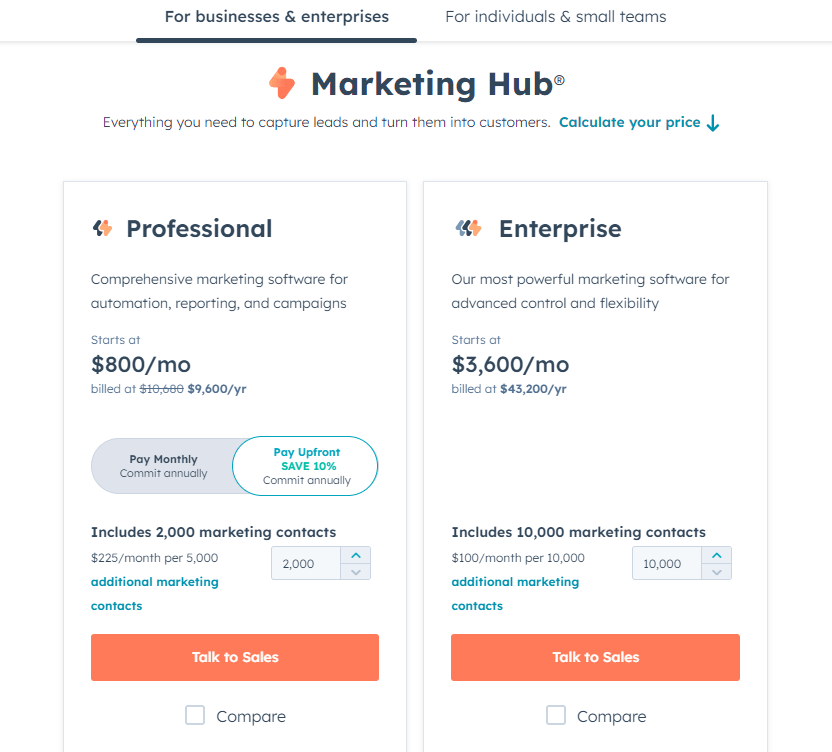 the pricing plans of hubspot